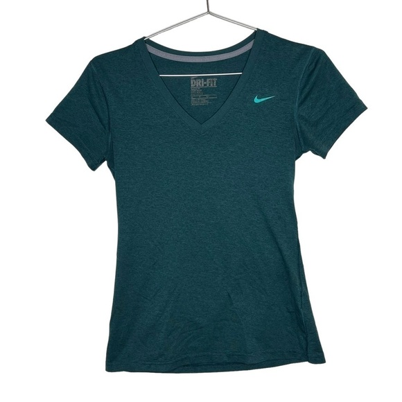 NIKE Dri Fit V Neck Tee Heather Marled Green Athleisure Workout - Picture 1 of 6